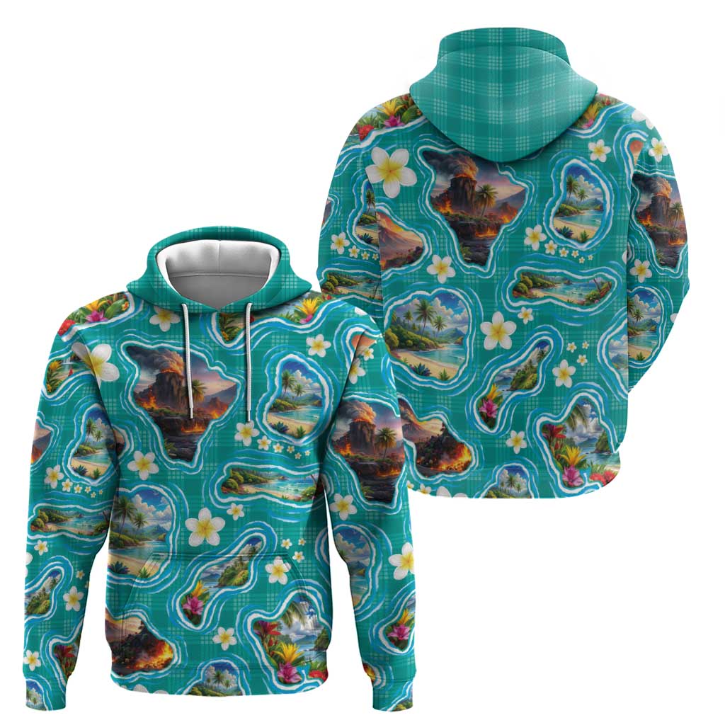 Hawaii Map with Plumeria Flower and Palaka Pattern Hoodie Tropical Island Teal Design