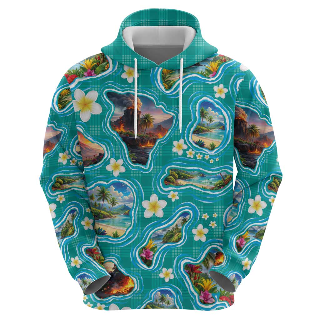 Hawaii Map with Plumeria Flower and Palaka Pattern Hoodie Tropical Island Teal Design