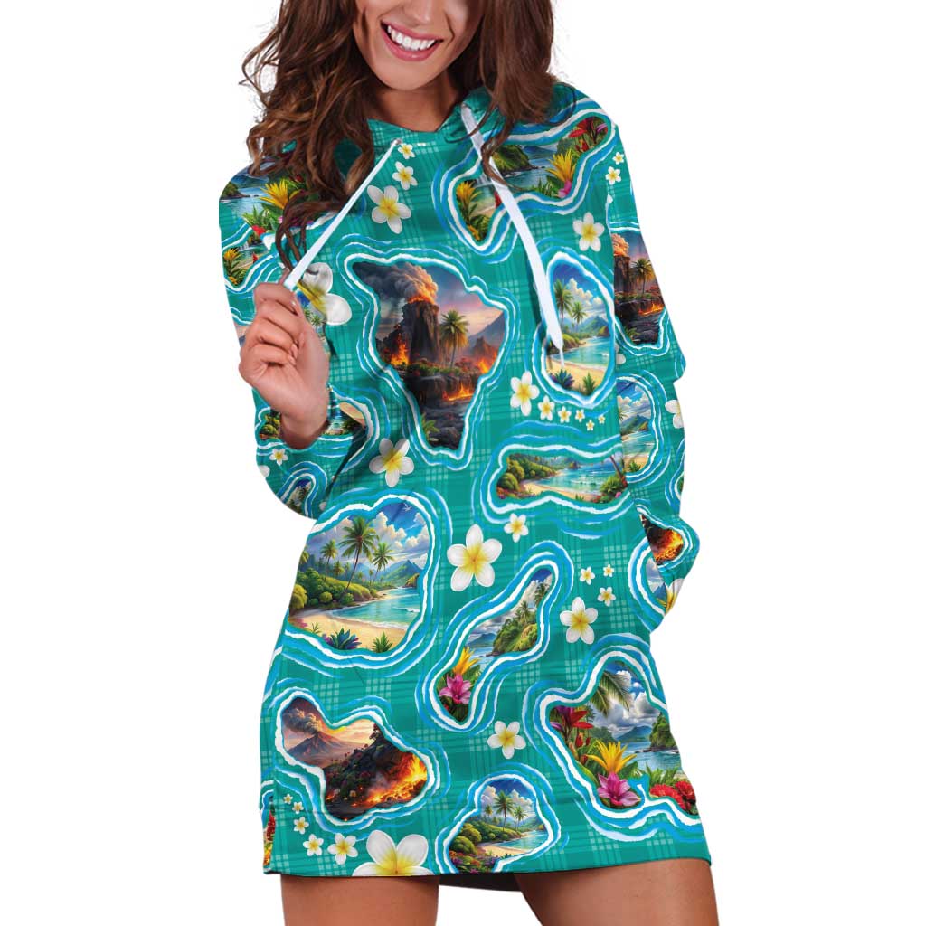 Hawaii Map with Plumeria Flower and Palaka Pattern Hoodie Dress Tropical Island Teal Design