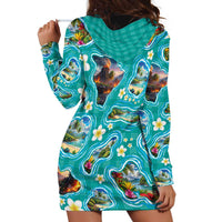 Hawaii Map with Plumeria Flower and Palaka Pattern Hoodie Dress Tropical Island Teal Design