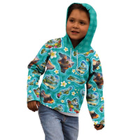 Hawaii Map with Plumeria Flower and Palaka Pattern Kid Hoodie Tropical Island Teal Design