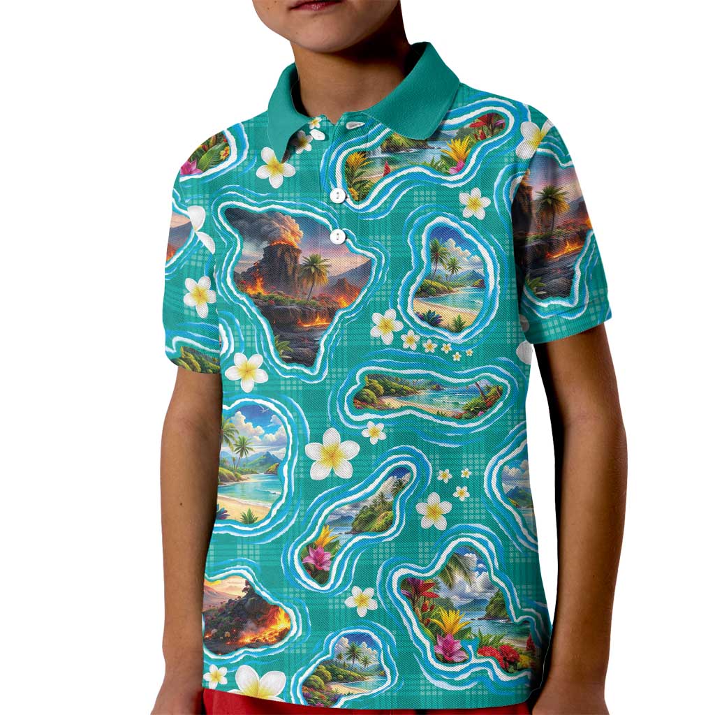 Hawaii Map with Plumeria Flower and Palaka Pattern Kid Polo Shirt Tropical Island Teal Design