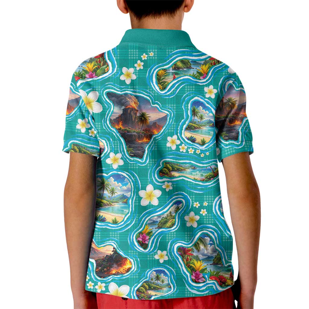 Hawaii Map with Plumeria Flower and Palaka Pattern Kid Polo Shirt Tropical Island Teal Design