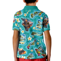 Hawaii Map with Plumeria Flower and Palaka Pattern Kid Polo Shirt Tropical Island Teal Design
