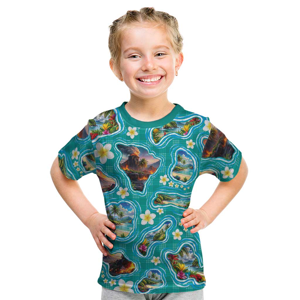 Hawaii Map with Plumeria Flower and Palaka Pattern Kid T Shirt Tropical Island Teal Design