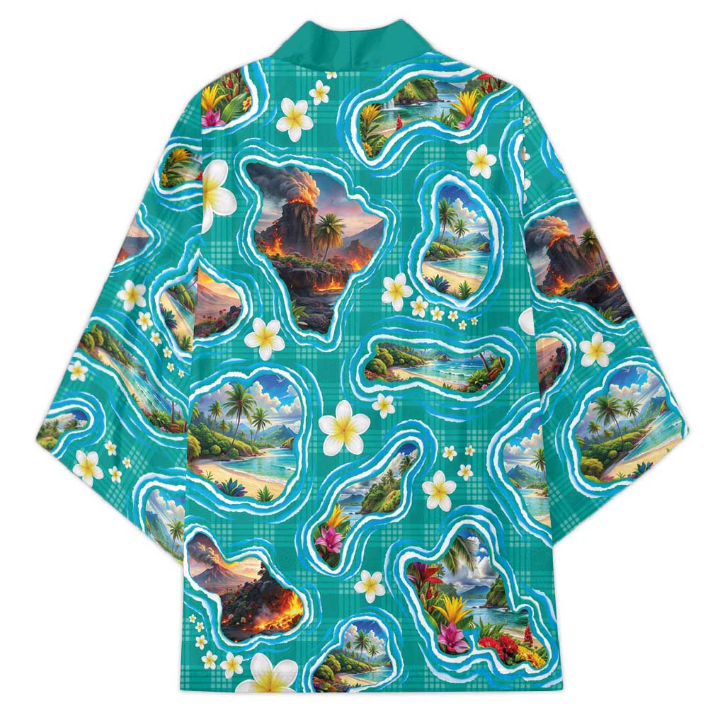 Hawaii Map with Plumeria Flower and Palaka Pattern Kimono Tropical Island Teal Design