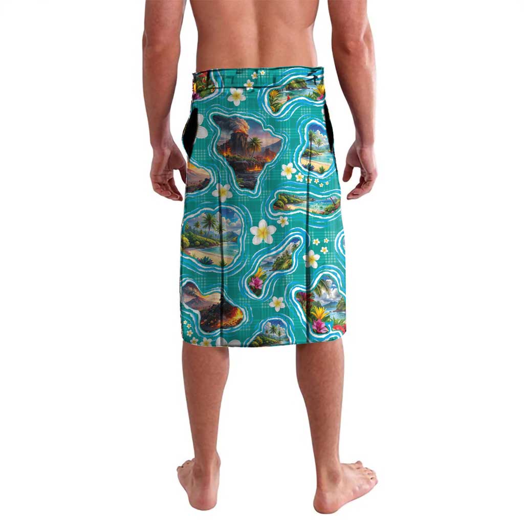 Hawaii Map with Plumeria Flower and Palaka Pattern Lavalava Tropical Island Teal Design