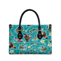 Hawaii Map with Plumeria Flower and Palaka Pattern Leather Bag Tropical Island Teal Design