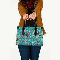 Hawaii Map with Plumeria Flower and Palaka Pattern Leather Bag Tropical Island Teal Design