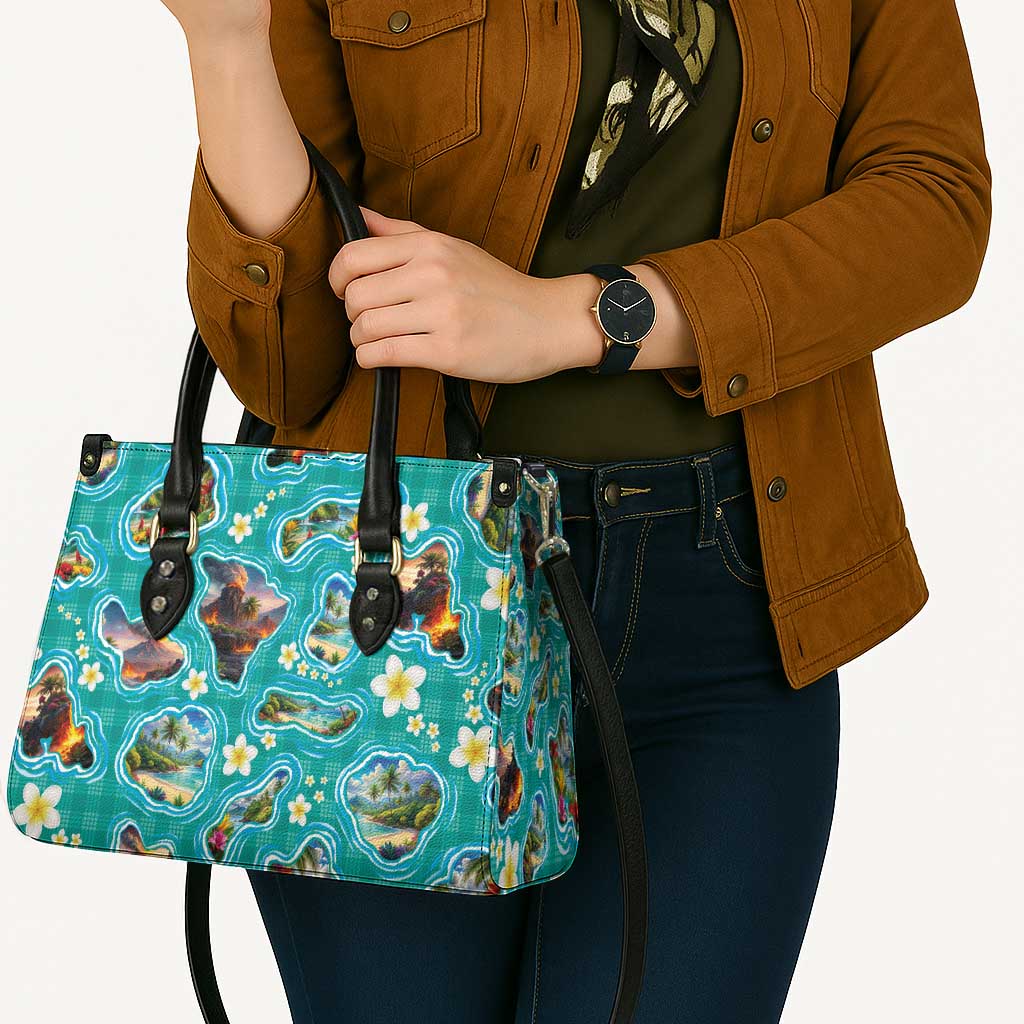 Hawaii Map with Plumeria Flower and Palaka Pattern Leather Bag Tropical Island Teal Design
