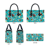 Hawaii Map with Plumeria Flower and Palaka Pattern Leather Bag Tropical Island Teal Design