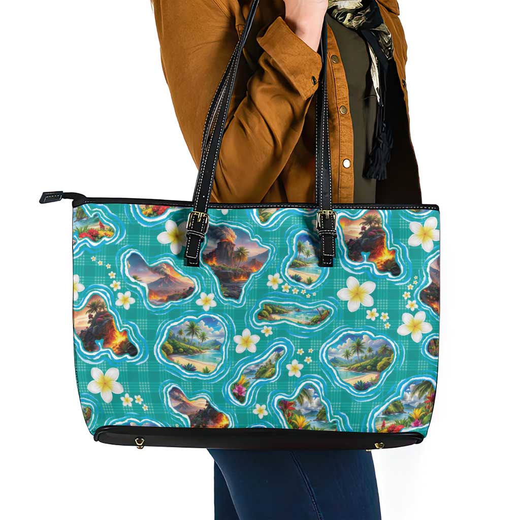 Hawaii Map with Plumeria Flower and Palaka Pattern Leather Tote Bag Tropical Island Teal Design