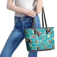 Hawaii Map with Plumeria Flower and Palaka Pattern Leather Tote Bag Tropical Island Teal Design