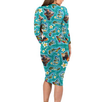 Hawaii Map with Plumeria Flower and Palaka Pattern Long Sleeve Bodycon Dress Tropical Island Teal Design
