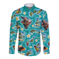Hawaii Map with Plumeria Flower and Palaka Pattern Long Sleeve Button Shirt Tropical Island Teal Design