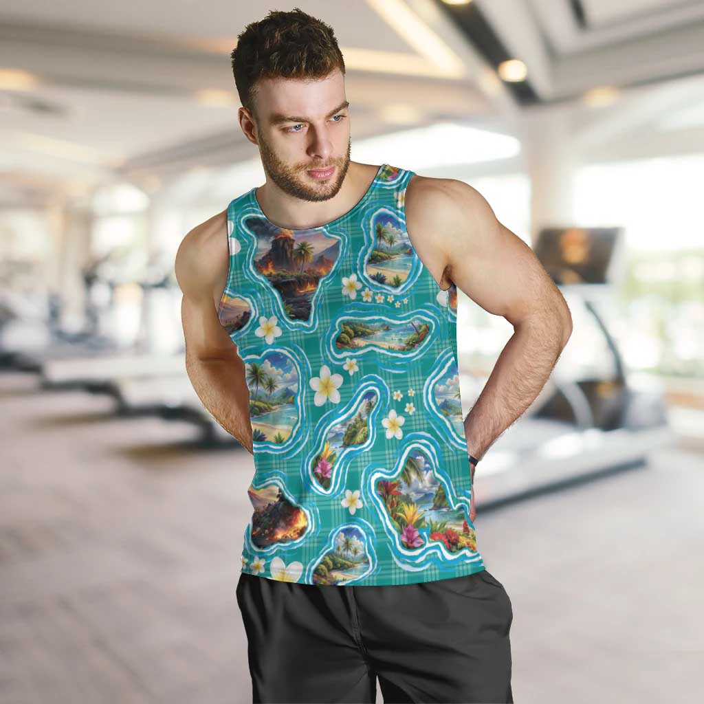 Hawaii Map with Plumeria Flower and Palaka Pattern Men Tank Top Tropical Island Teal Design