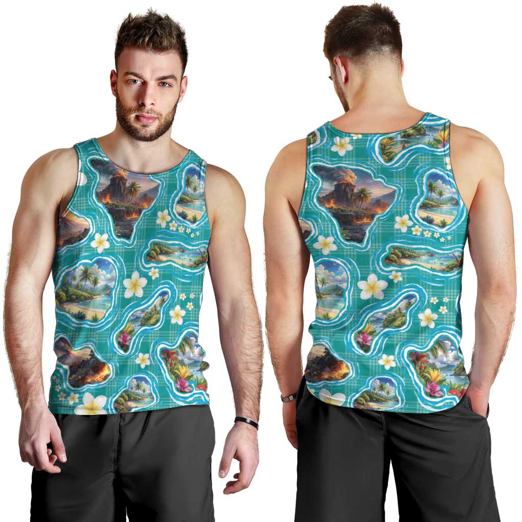Hawaii Map with Plumeria Flower and Palaka Pattern Men Tank Top Tropical Island Teal Design