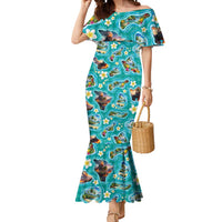 Hawaii Map with Plumeria Flower and Palaka Pattern Mermaid Dress Tropical Island Teal Design