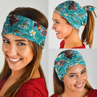 Hawaii Map with Plumeria Flower and Palaka Pattern Neck Gaiter Tropical Island Teal Design