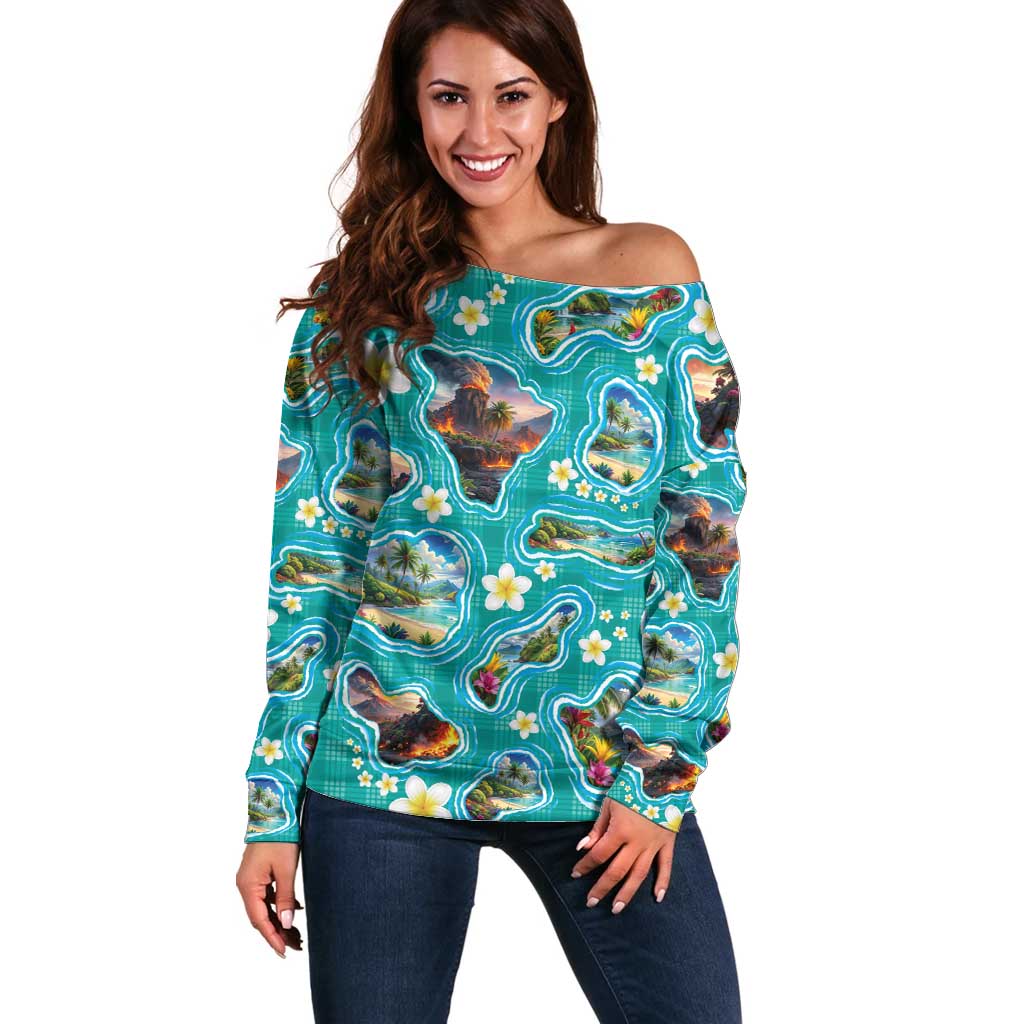 Hawaii Map with Plumeria Flower and Palaka Pattern Off Shoulder Sweater Tropical Island Teal Design