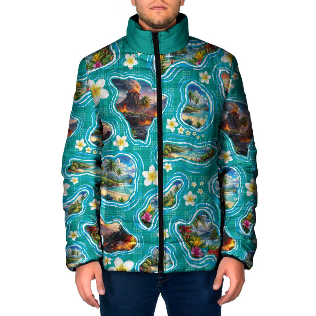 Hawaii Map with Plumeria Flower and Palaka Pattern Padded Jacket Tropical Island Teal Design
