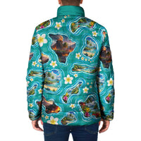 Hawaii Map with Plumeria Flower and Palaka Pattern Padded Jacket Tropical Island Teal Design