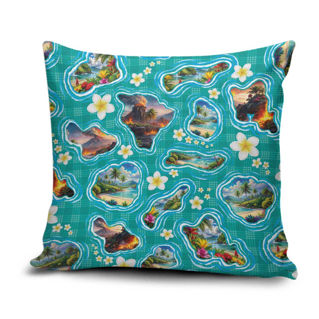 Hawaii Map with Plumeria Flower and Palaka Pattern Pillow Cover Tropical Island Teal Design