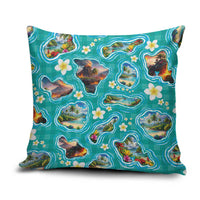 Hawaii Map with Plumeria Flower and Palaka Pattern Pillow Cover Tropical Island Teal Design