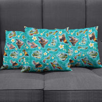 Hawaii Map with Plumeria Flower and Palaka Pattern Pillow Cover Tropical Island Teal Design