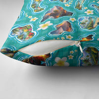 Hawaii Map with Plumeria Flower and Palaka Pattern Pillow Cover Tropical Island Teal Design