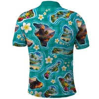 Hawaii Map with Plumeria Flower and Palaka Pattern Polo Shirt Tropical Island Teal Design