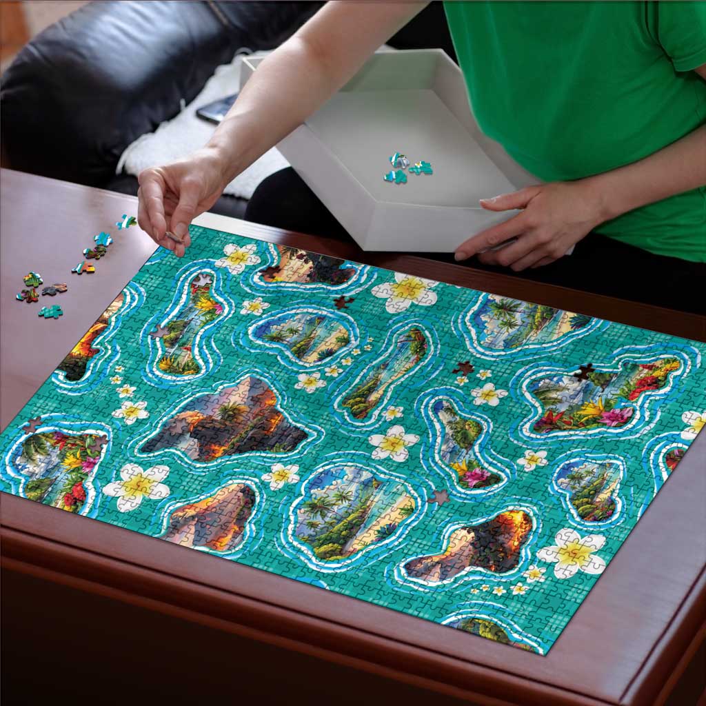 Hawaii Map with Plumeria Flower and Palaka Pattern Puzzle Tropical Island Teal Design