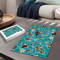 Hawaii Map with Plumeria Flower and Palaka Pattern Puzzle Tropical Island Teal Design