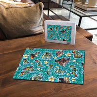 Hawaii Map with Plumeria Flower and Palaka Pattern Puzzle Tropical Island Teal Design