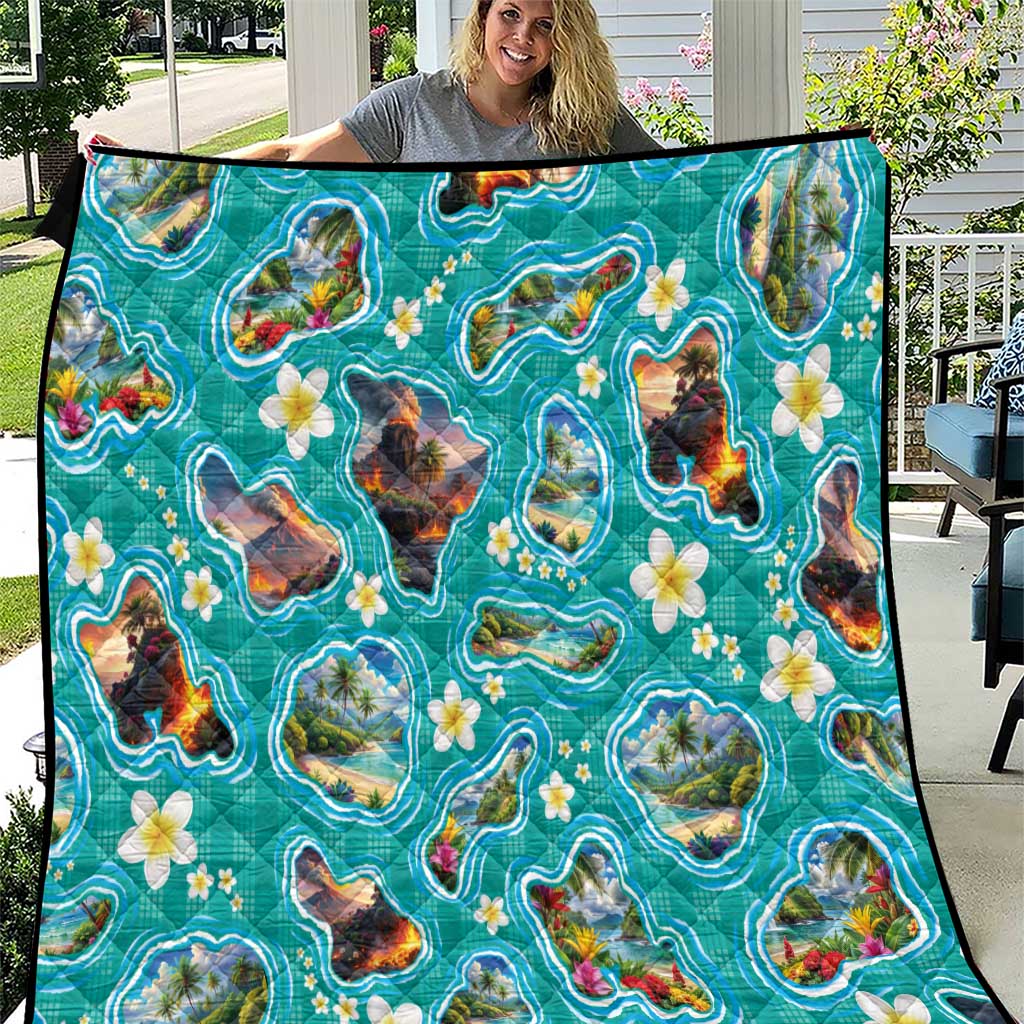 Hawaii Map with Plumeria Flower and Palaka Pattern Quilt Tropical Island Teal Design