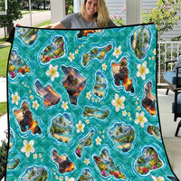 Hawaii Map with Plumeria Flower and Palaka Pattern Quilt Tropical Island Teal Design