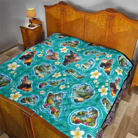 Hawaii Map with Plumeria Flower and Palaka Pattern Quilt Tropical Island Teal Design