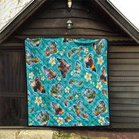 Hawaii Map with Plumeria Flower and Palaka Pattern Quilt Tropical Island Teal Design