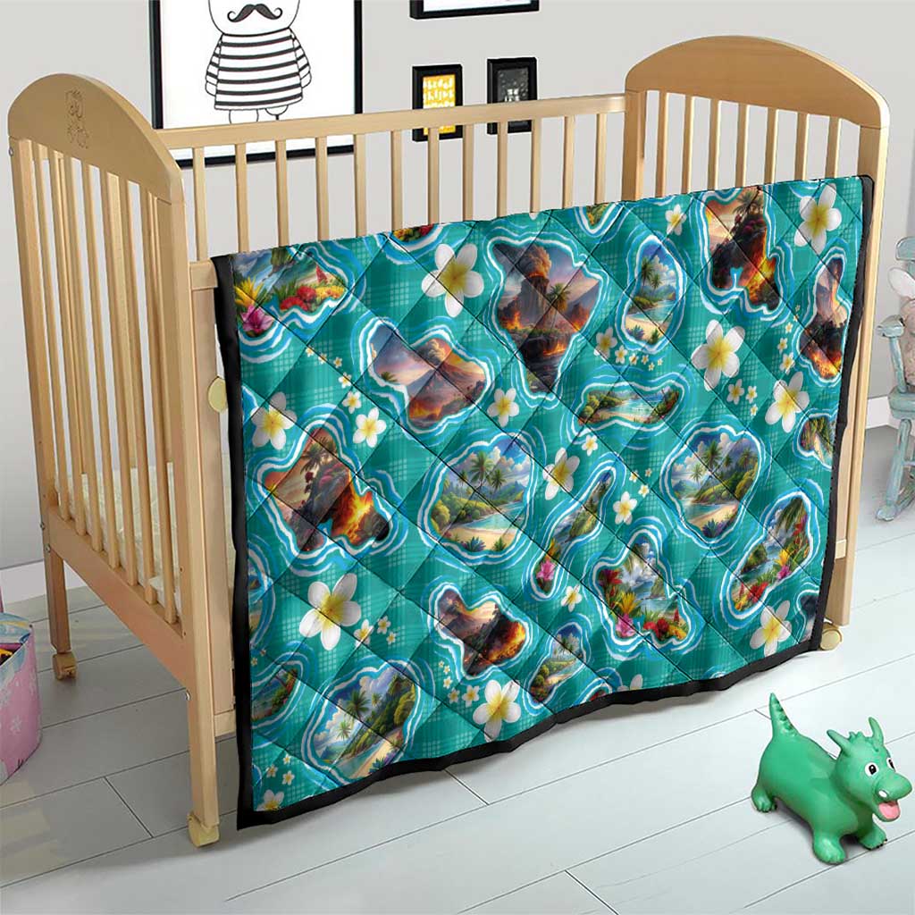 Hawaii Map with Plumeria Flower and Palaka Pattern Quilt Tropical Island Teal Design