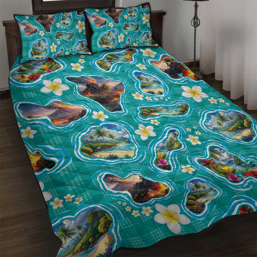 Hawaii Map with Plumeria Flower and Palaka Pattern Quilt Bed Set Tropical Island Teal Design