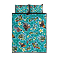 Hawaii Map with Plumeria Flower and Palaka Pattern Quilt Bed Set Tropical Island Teal Design