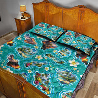 Hawaii Map with Plumeria Flower and Palaka Pattern Quilt Bed Set Tropical Island Teal Design