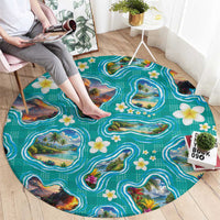 Hawaii Map with Plumeria Flower and Palaka Pattern Round Carpet Tropical Island Teal Design
