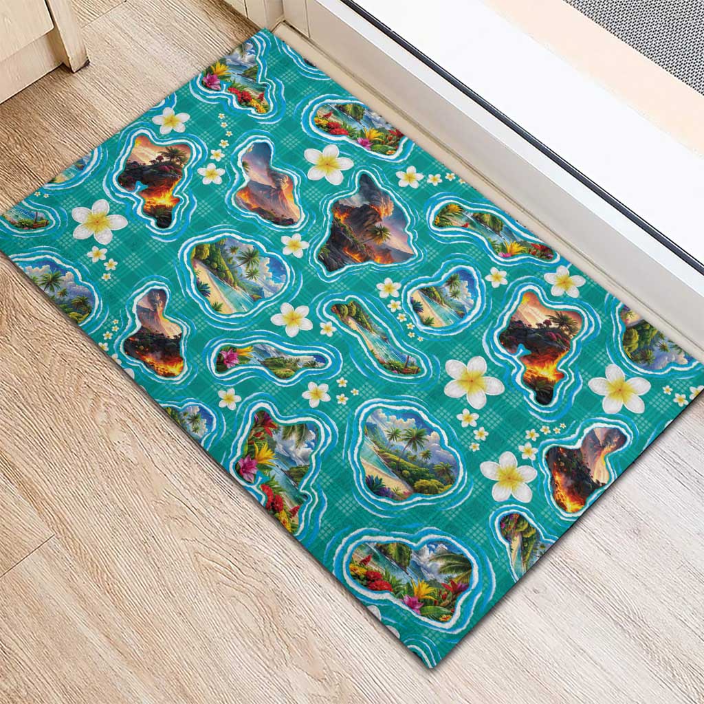 Hawaii Map with Plumeria Flower and Palaka Pattern Rubber Doormat Tropical Island Teal Design