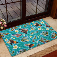 Hawaii Map with Plumeria Flower and Palaka Pattern Rubber Doormat Tropical Island Teal Design