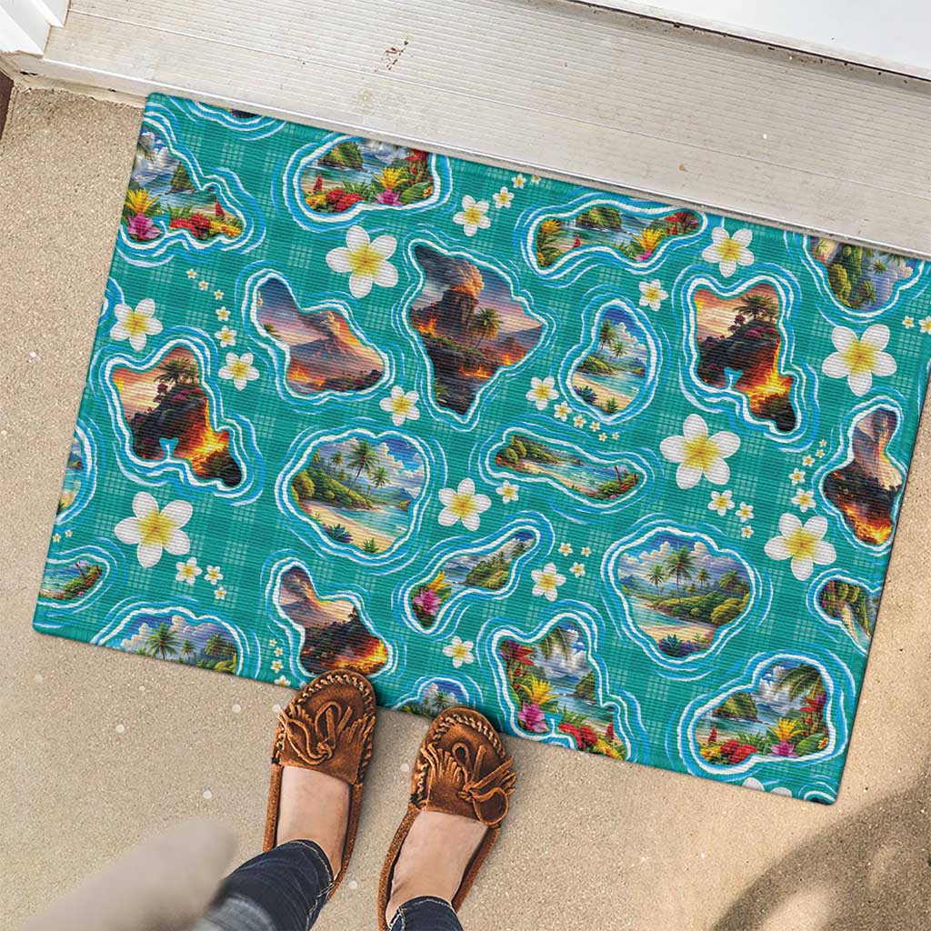 Hawaii Map with Plumeria Flower and Palaka Pattern Rubber Doormat Tropical Island Teal Design