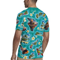 Hawaii Map with Plumeria Flower and Palaka Pattern Rugby Jersey Tropical Island Teal Design