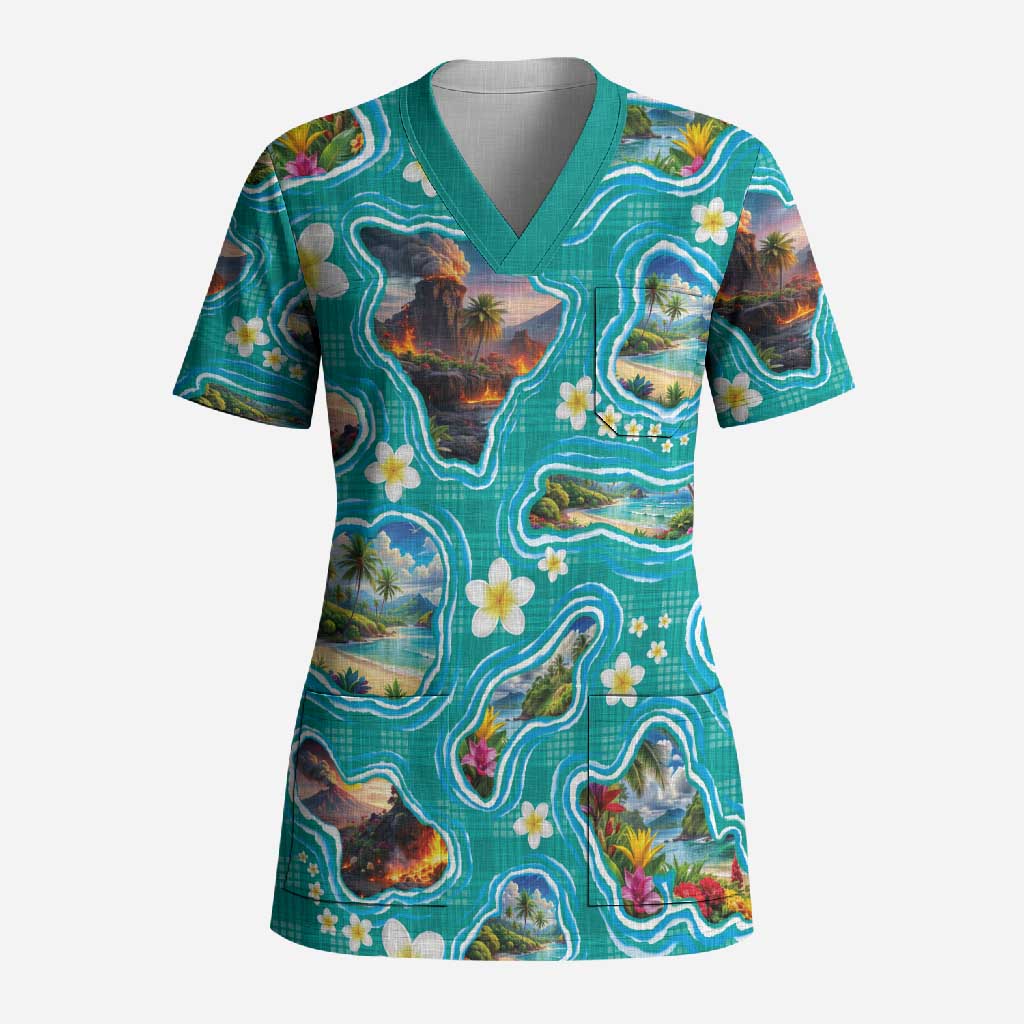 Hawaii Map with Plumeria Flower and Palaka Pattern Scrub Top Tropical Island Teal Design