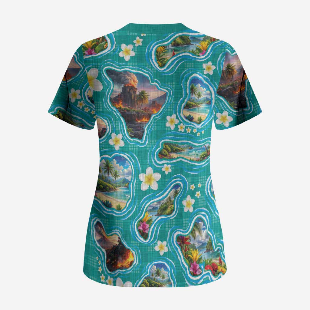 Hawaii Map with Plumeria Flower and Palaka Pattern Scrub Top Tropical Island Teal Design