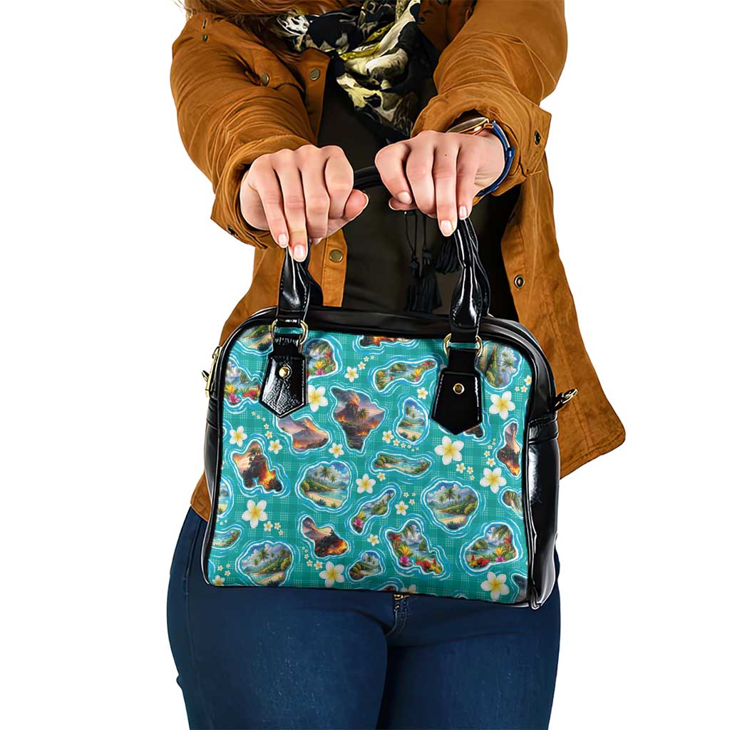 Hawaii Map with Plumeria Flower and Palaka Pattern Shoulder Handbag Tropical Island Teal Design